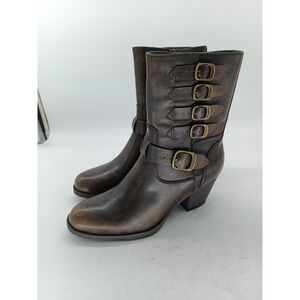 Frye & Co Torvi Boots Womens Sz 9 Brown Biker Mid Calf Buckle Zip Block Heel #92